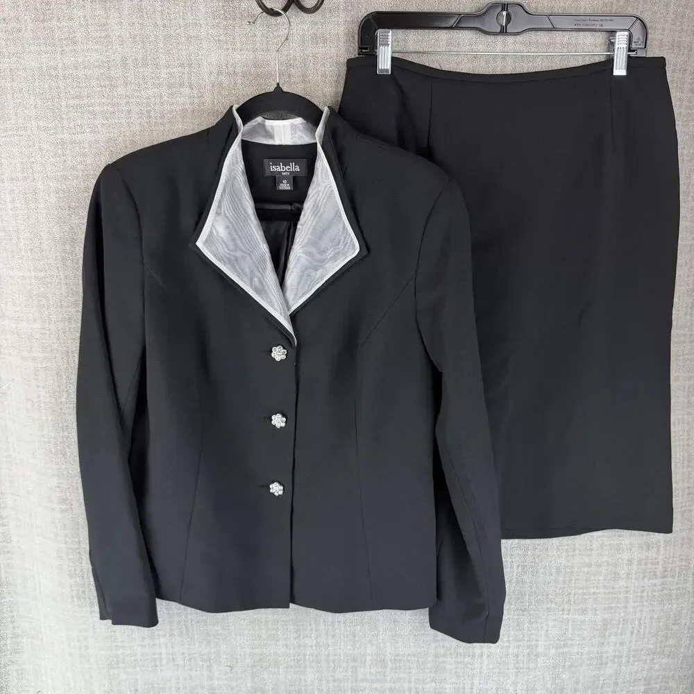Isabella Suits Skirt Suit Womens 10 Black 2 Piece Lined Crepe Slim Tailored